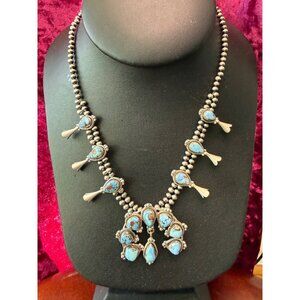 Golden Hills Turquoise Sterling Silver Naja Squash Blossom Necklace